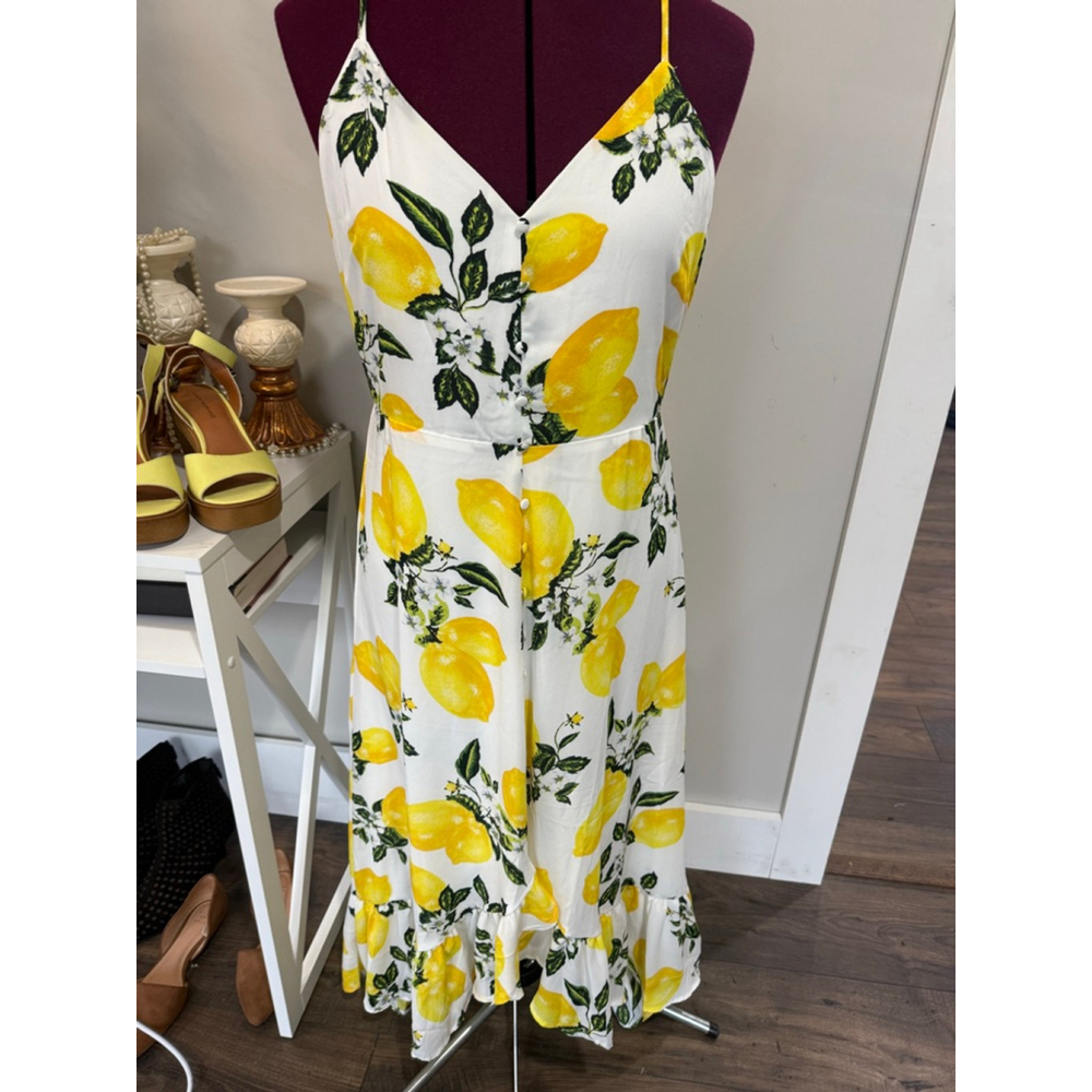 Lulus Afternoon Air Yellow Lemon Print High-Low Midi Dress Medium